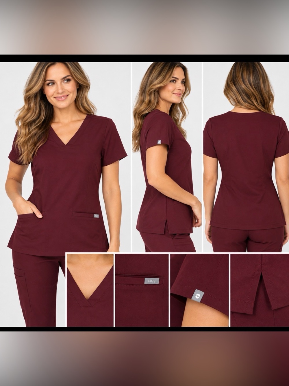 FIGS Technical Collection XS Burgundy Wine V-Neck Scrub Top